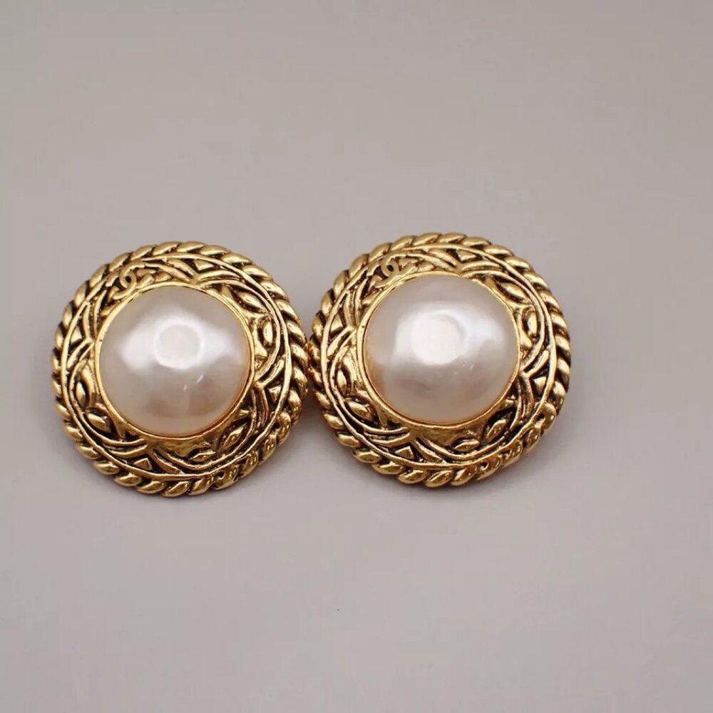 CHANEL CC Imitation Pearl Round Button Earrings Clip-On Gold France